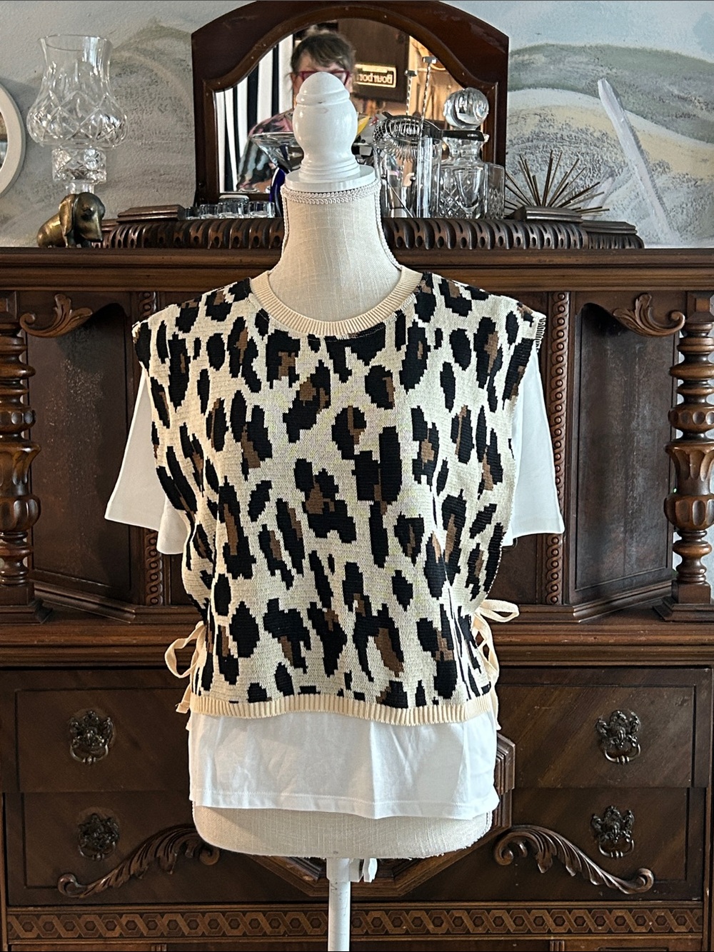 Zara Leopard Print Knit Vest - Cream, Black & Brown